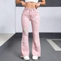 Dettaglio jeans svasati rosa con ritagli a forma di cuore e bordi sfrangiati trendy - S / Rosa