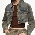 Giacca di jeans corta retrò lavata blu-giallo vintage con bottoni in metallo - S / Blu Vintage