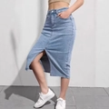 Gonna midi in denim celeste a vita alta con spacco frontale e vestibilità slim - 2XL / Azzurro