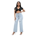 Lichtblauwe jeans met rechte pijpen, hoge taille en modieuze scheuren op de knieën voor dames - XS / Lichtblauw