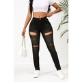 Jeans neri skinny a vita alta da donna con strappi e dettagli distressed alla moda - S / Nero e Grigio