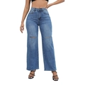 Gewassen blauwe jeans met wijde pijpen, knie-scheuren en hoge taille voor dames - XS / Blauw