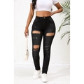 Jeans skinny neri a vita alta da donna con dettagli strappati e bordi sfrangiati alla moda - S / Nero