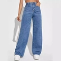 Damesjeans met middenblauwe wassing hoge taille en wijde pijpen van zachte katoenen stof - XS / Donkerblauw