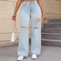 Jeans larghi a vita alta azzurro chiaro da donna con strappi e tagli alla moda - XS / Bianco e Blu