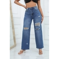 Jeans a vita alta a gamba larga con strappi per donna in denim blu lavato classico - XS / Blu scuro