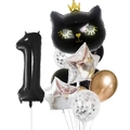 Detail of 12pcs black and gold birthday set with crown cat, number 1, and star balloons - Black Crown Cat Number 1 Set (12pcs皇冠猫数字套餐黑色1)