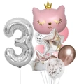 Detail view of pink crown cat balloon and silver number 3 balloon for birthday party decor - Pink Crown Cat Number 3 Set (12pcs皇冠猫数字套餐粉色3)