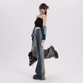 Jean large rétro Y2K à taille haute pour femme avec patchwork contrasté latéral - XS / Bleu dégradé/Normal