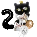 Party balloon set featuring large black number 2, crown cat head, and silver sequins - Black Crown Cat Number 2 Set (12pcs皇冠猫数字套餐黑色2)