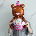 3D brown bear foil balloon holding a pink happy birthday cake for party decoration - Brown Bear With Cake