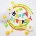 Daisy Happy Birthday balloon kit with rainbow letters and smiling white flower balloons - Macaron Style