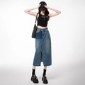 Jupe longue en jean taille haute avec design patchwork bleu rétro et fente latérale - S