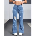 Jeans a zampa a vita alta celeste da donna con dettagli invecchiati a forma di cuore - XS / Azzurro