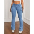 Hellblaue Schlagjeans mit hoher Taille, Cargotaschen und dekorativen Bändern - XS / Hellblau