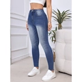 Jeans skinny a vita alta da donna in blu scuro lavato con dettagli vintage sbiaditi - XS / Blu
