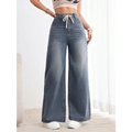 Jeans a gamba larga blu lavaggio retrò a vita alta con coulisse color crema - XS / Blu Vintage
