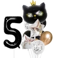 5th birthday black cat party set with gold crown and number 5 foil balloon - Black Crown Cat Number 5 Set (12pcs皇冠猫数字套餐黑色5)