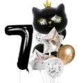 Black crown cat and number 7 foil balloons set with gold and silver confetti balloons - Black Crown Cat Number 7 Set (12pcs皇冠猫数字套餐黑色7)