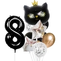 Crown cat and black number 8 balloon set with gold and silver confetti balloons - Black Crown Cat Number 8 Set (12pcs皇冠猫数字套餐黑色8)