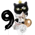 Black cat crown balloon set with giant number 9 foil balloon for 9th birthday party - Black Crown Cat Number 9 Set (12pcs皇冠猫数字套餐黑色9)