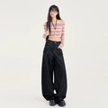 Y2K-stijl roze gestreepte off-shoulder top met zwarte denim broek met wijde pijpen - XS / Zwart
