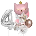 Pink crown cat and silver number 4 balloon set with rose gold confetti decorations - Pink Crown Cat Number 4 Set (12pcs皇冠猫数字套餐粉色4)