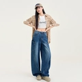 Retro donkerblauwe jeans met wijde pijpen en unieke gebogen stikseldetails - XS / Vintage Blauw