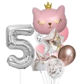 5th Birthday Balloon Set with Silver Number 5 and Pink Crown Cat Foil Balloon - Pink Crown Cat Number 5 Set (12pcs皇冠猫数字套餐粉色5)