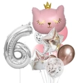 Pink crown cat and silver number 6 foil balloon set for birthday party decorations - Pink Crown Cat Number 6 Set (12pcs皇冠猫数字套餐粉色6)
