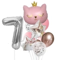 Pink crown cat and silver number 7 balloon set for kids birthday party decoration - Pink Crown Cat Number 7 Set (12pcs皇冠猫数字套餐粉色7)