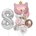 Silver number 8 foil balloon set with pink crown cat and sequin balloons for birthday decor - Pink Crown Cat Number 8 Set (12pcs皇冠猫数字套餐粉色8)