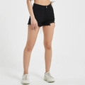 Dettaglio di pantaloncini di denim neri a vita alta con orlo a vivo e finitura strappata - XS / Nero