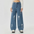 High Waist Wide Leg Jeans in Blau mit weißen Organza-Schmetterlingen und Perlen - XS / Dunkelblau