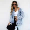 Light blue oversized denim jacket with distressed ripped details and metallic buttons - S / Blue