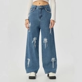 Jeans blu a gamba larga con fiocchi in rete bianca e decorazioni di perle pendenti - XS / Blu scuro