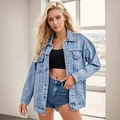 Giacca di jeans oversize lavaggio acido azzurro con colletto classico e tasche a soffietto - S / Blu