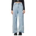 Jeans larghi a vita alta azzurri con fiocchi in tulle bianco e nappe di perle - XS / Azzurro