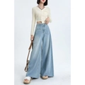 Jeans larghi azzurri a vita alta da donna con tasche a toppa frontali e orlo a taglio vivo - XS / Blu Lavato