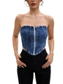 Dettaglio del top a corsetto in denim lavato con zip metallica e orlo a punta sottile - XS / Blu