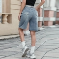 Distressed light blue high waisted denim Bermuda shorts with ripped details and belt - XL / Nostalgic Blue
