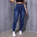 Jeans skinny a vita alta da donna blu scuro con elastico in vita e bottoni multipli - 2XL / Blu scuro