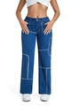 Detail von dunkelblauer Wide-Leg-Jeans mit dekonstruiertem Patchwork und Fransen-Nähten - S / Mittelblau