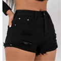 Eng anliegende schwarze Jeansshorts mit hoher Taille, Destroyed-Rissen und Fransen - XS / Schwarz
