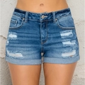 Pantaloncini di jeans blu a vita bassa con strappi e risvolti fissi per donna chic - S / Blu