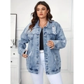 Distressed oversized denim jacket for women in light blue wash featuring ripped details - XL / Light Blue