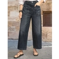 Detail of high waist dark grey denim wide leg pants with white contrast stitching pockets - XL / Black