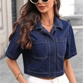 Giacca di jeans corta a maniche corte blu scuro con cuciture a contrasto e tasche - XS / Blu