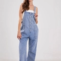 Damen Latzhose in Hellblau mit geradem Bein und dekorativer Knopfleiste vorne - S / Hellblau
