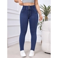 Jeans skinny blu scuro a vita alta da donna con elegante chiusura a tre bottoni in vita - XS